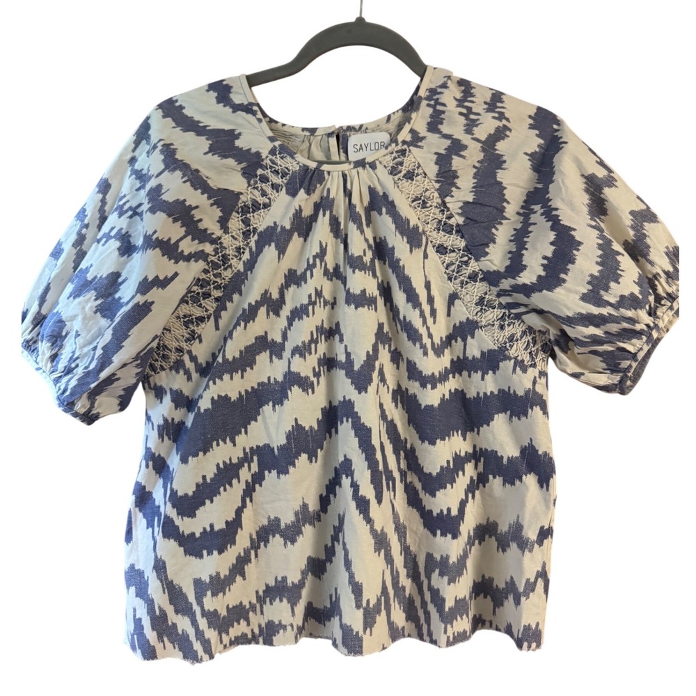 Saylor Blue White Ikat Chevron Puff Sleeve Crochet Trim Blouse Top Medium